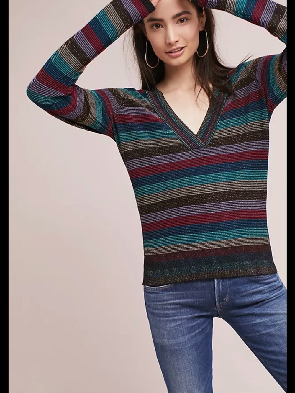 Anthropologie MOTH Striped V-Neck Sweater in metallic Teal, Plum & gold